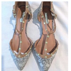 Halogen Snakeskin D'Orsay Flats Studded Pointed Toe Ankle Strap Womens 8